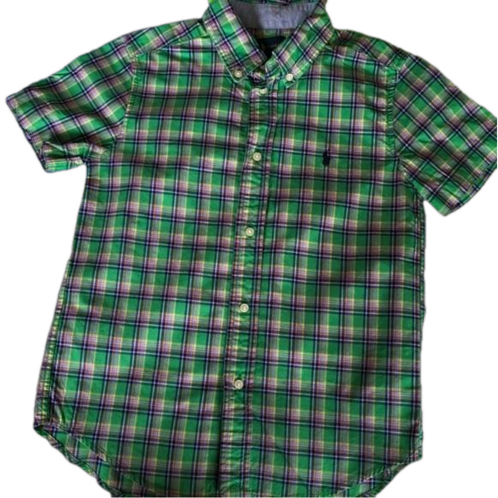 🍂Ralph Lauren green and blue striped squared button down shirt size 7